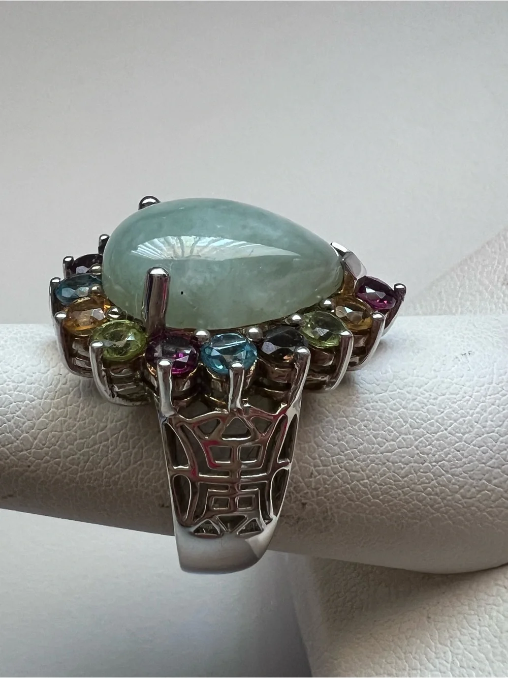 Sterling Silver Green Jade Cabochon Multi Gemstone Halo Cocktail Ring Size 8